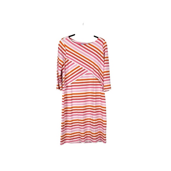 J.McLaughlin Pink Orange Stripe 3/4 Sleeve Stretch Knit Dress Size L - Picture 2 of 6